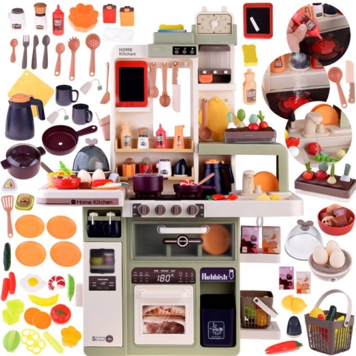 Cocina infantil interactiva con vapor, agua y alimentos que cambian de color
