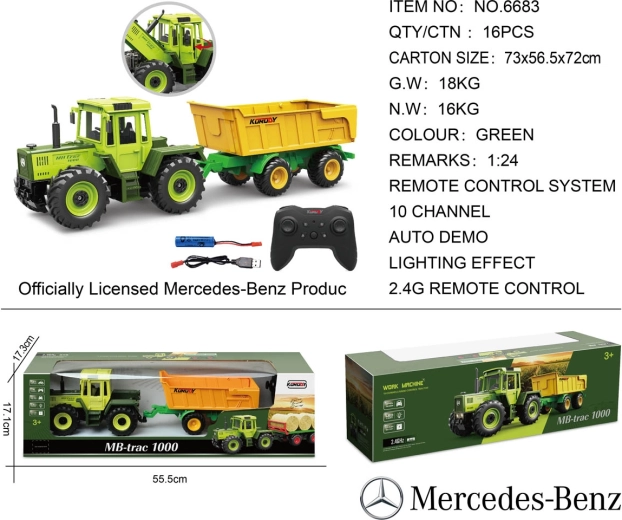 Tractor verde Mercedes-Benz con control remoto y remolque amarillo a escala 1:24
