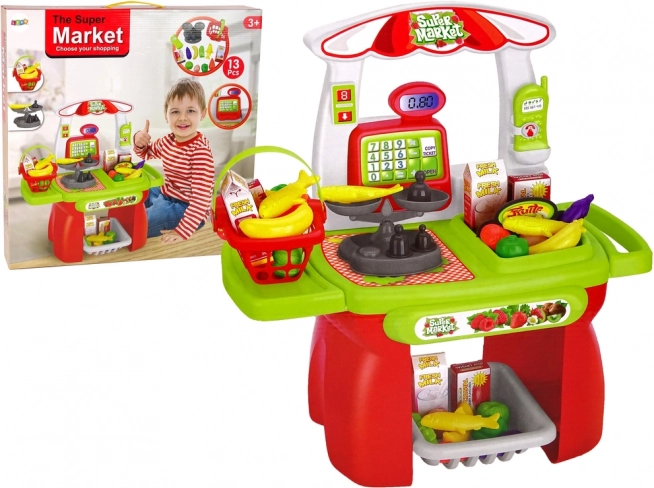 Supermercado infantil: cesta de la compra, caja registradora, báscula y alimentos (set de 13 piezas)