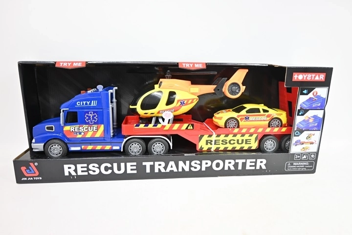 Set de juego: grúa plataforma con grúa, helicóptero y coche con luz y sonido
