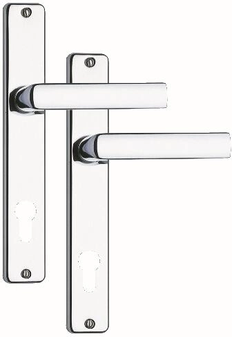 Manilla de puerta con placa 90 mm para cilindro, cromo satinado/acero inoxidable