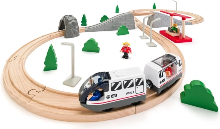 Pista de tren de madera con puente – 45 piezas
