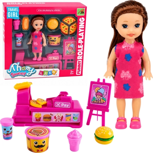 Mini muñeca con caja registradora y puesto de fast food