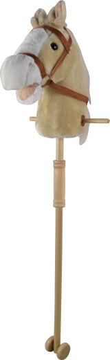 Caballito beige de palo con sonidos y ruedas, palo de madera desmontable (95 cm)