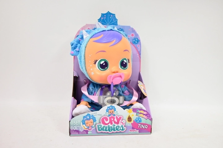 Muñeca interactiva Cry Babies Fantasy Tina – triceratops azul