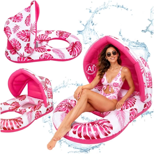 Tumbona inflable infantil para el agua con respaldo y toldo solar rosa
