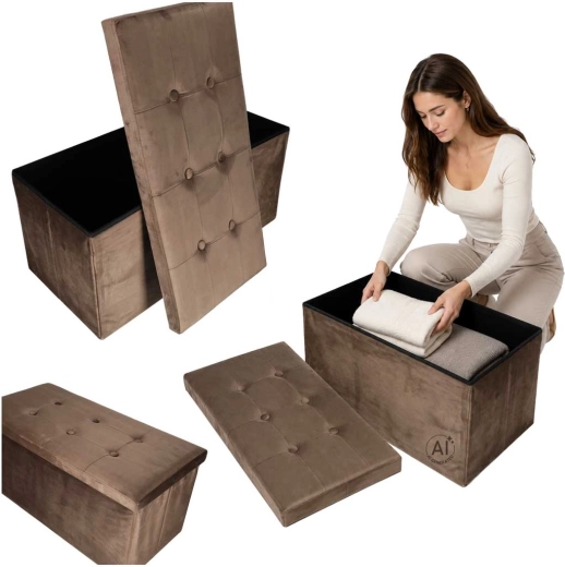 Puf plegable de terciopelo con espacio de almacenamiento 77 × 38 × 37 cm marrón