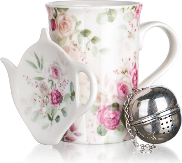 Juego de té con rosas 340 ml – taza de cerámica, filtro de acero inoxidable y platillo
