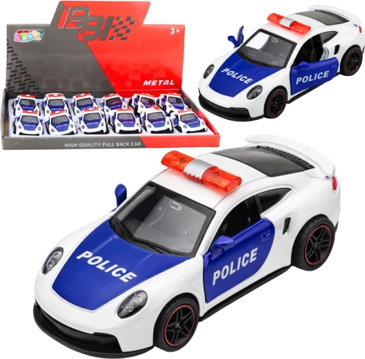 Coche deportivo policial metálico pull-back 1:43, blanco
