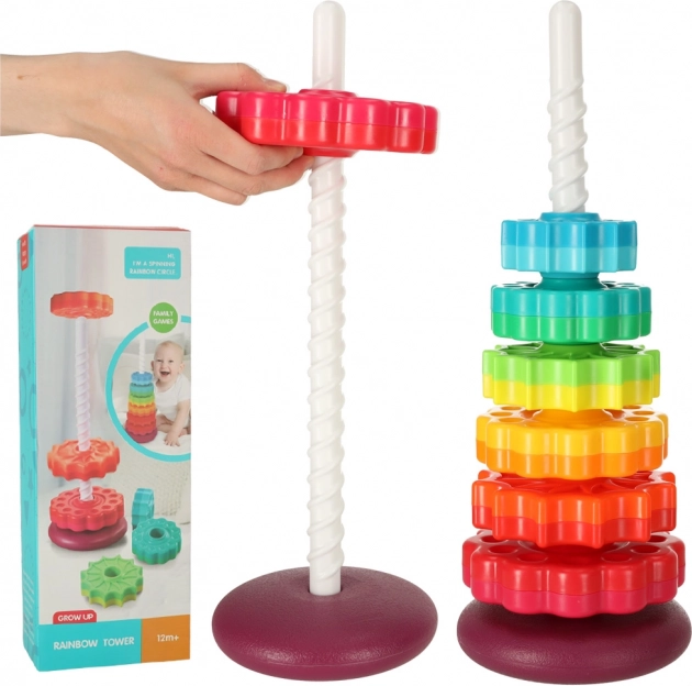 Torre arcoíris con anillos dentados – juguete apilable en espiral para niños 12m+