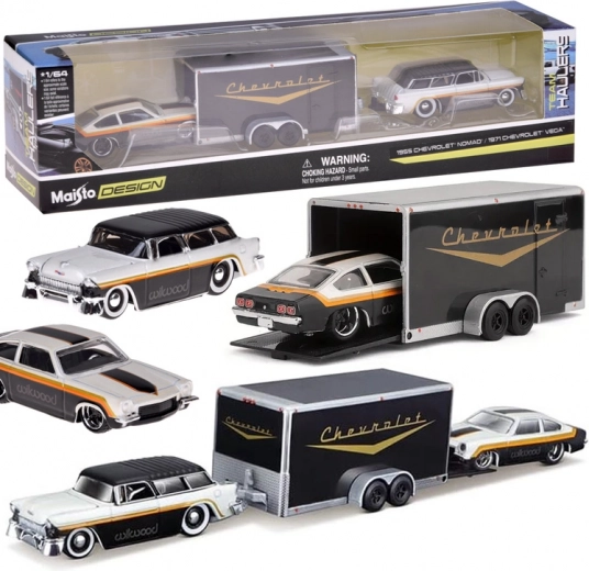 Coches metálicos Maisto Chevrolet Nomad 1955 y Chevrolet Vega 1971 con remolque