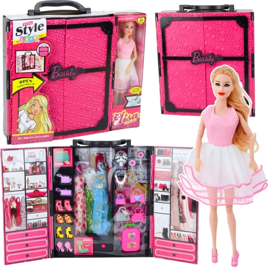 Armario ropero rosa para muñecas con muñeca grande y accesorios