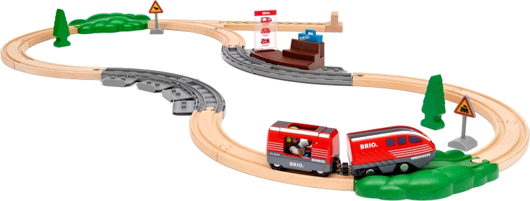 Set de tren con tren de cuerda BRIO World, conjunto de madera de 28 piezas