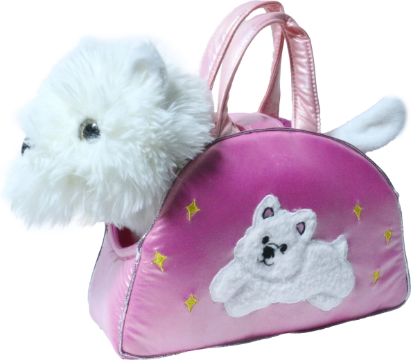 Perrito de peluche en bolso de satén de 27 cm