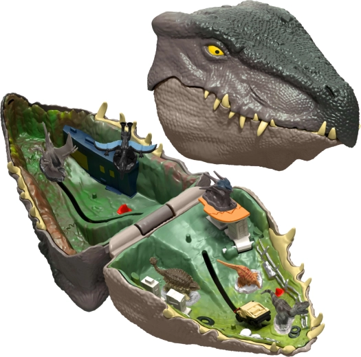 Cabeza de dinosaurio portátil que esconde un mundo de juego