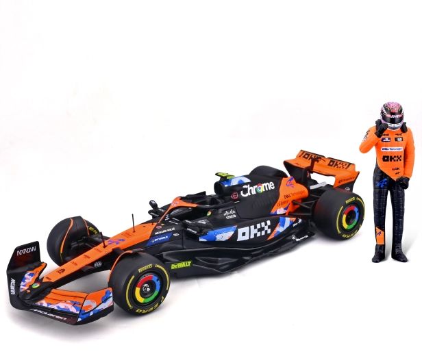 Modelo metálico McLaren MCL38 F1 1:24 con figura del piloto