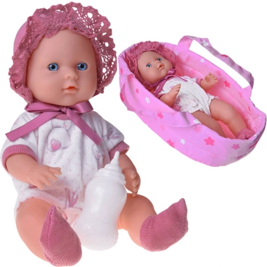 Muñeco bebé de tela en portabebés, bebe y hace pipí con biberón, 30 cm