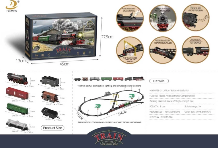 Tren retro con humo, sonido y luces, 216 × 113 cm con accesorios