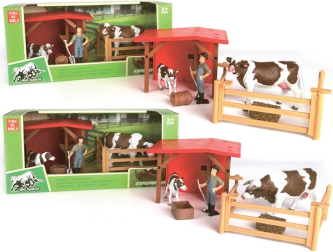 Set de corral de granja con vacas y granjero
