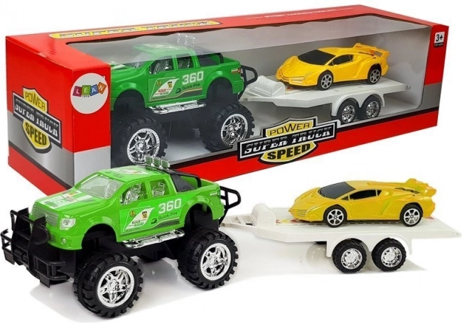 Set de vehículos: coche deportivo amarillo y todoterreno verde con propulsión por fricción