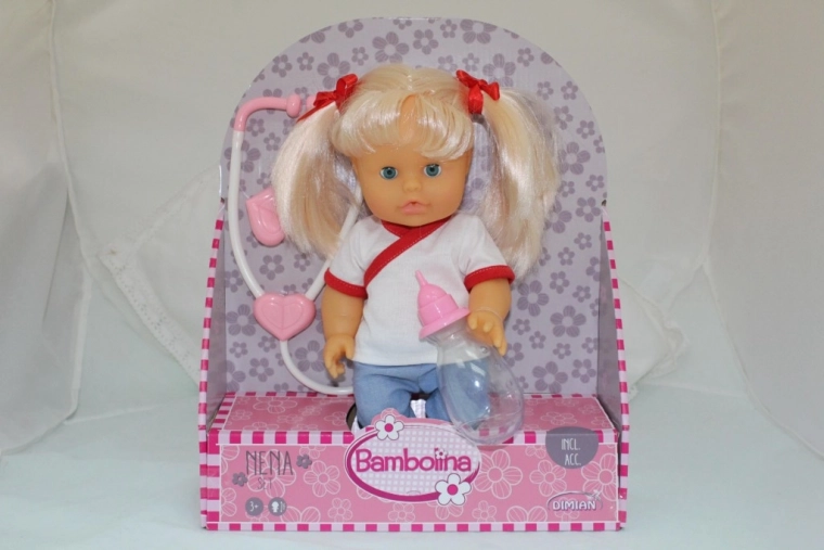 Muñeca Nena 36 cm doctora con estetoscopio y biberón