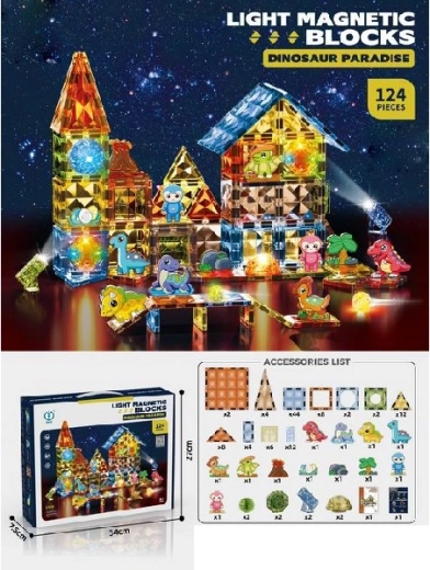 Juego de construcción magnético Dino con elementos luminosos, 124 piezas