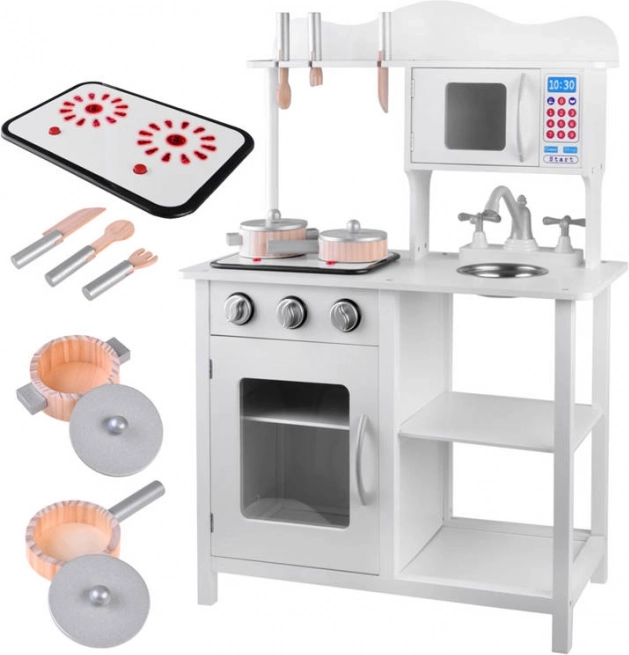 Cocina infantil interactiva blanca de madera con inducción y accesorios