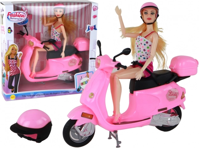 Set de muñeca en scooter rosa con articulaciones móviles