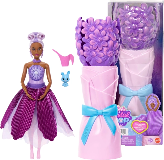 barbie petal pop sorpresa floral margarita morada + accesorios
