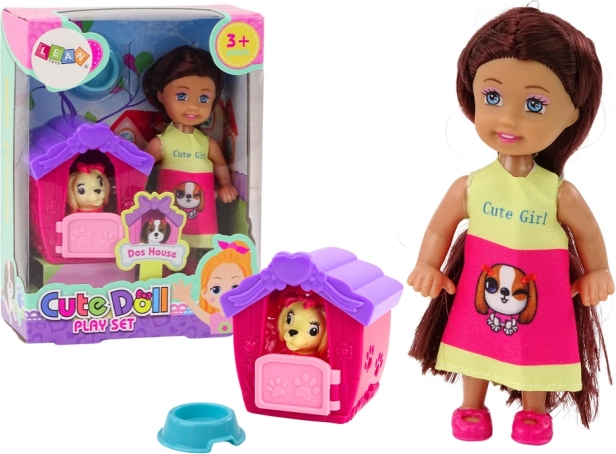 Mini muñeca con pelo largo y falda multicolor con perro y caseta