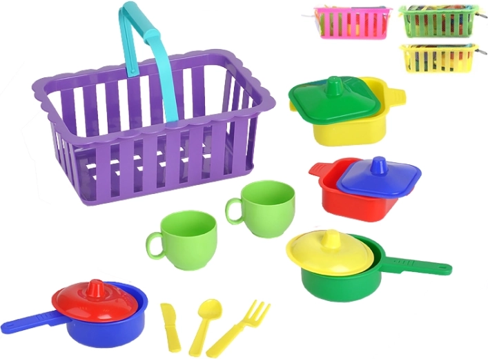 Juego de vajilla infantil en cestita – multicolor, embalaje de malla