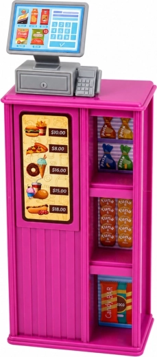 Puesto de caja con caja registradora y estanterías