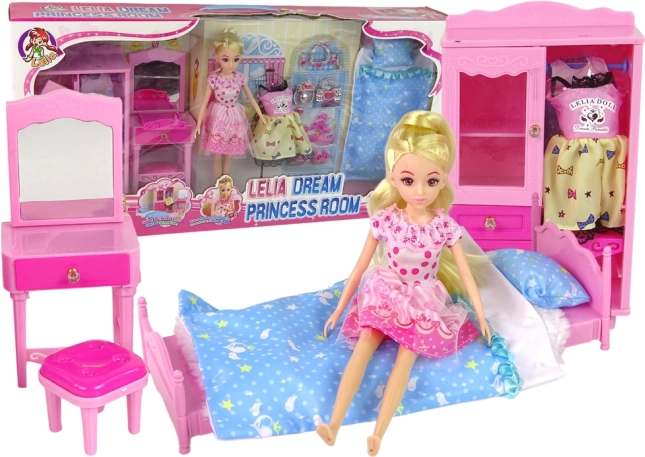 Muñeca con dormitorio – cama, armario y tocador