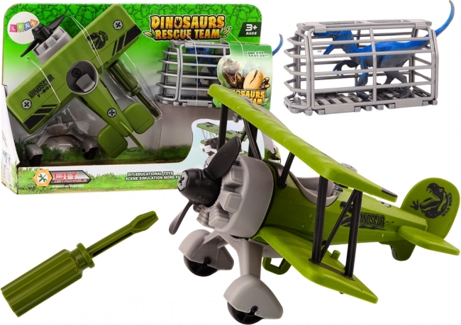 Avión desmontable verde con jaula y dinosaurios