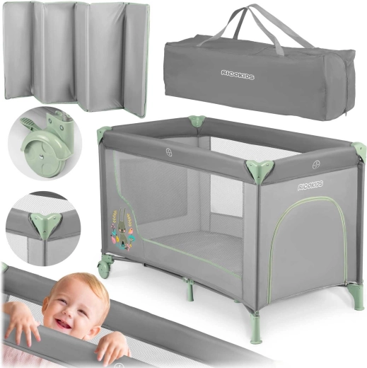 Cuna de viaje infantil Kikkids gris menta 125 × 65 × 78 cm con colchón y bolsa