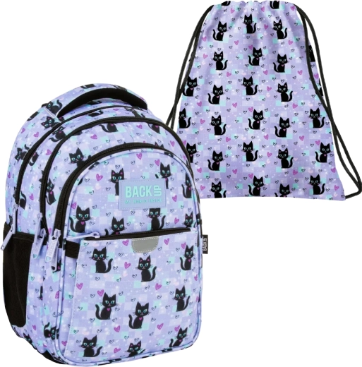 Set escolar BackUP Magic Cats 2v1 con descuento – mochila y bolsa