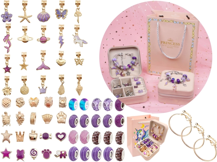 Set para hacer joyas y pulseras con cuentas y colgantes en tonos morados