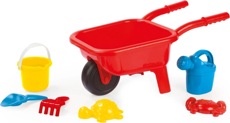 Carretilla infantil de plástico roja para arena con set de 7 piezas