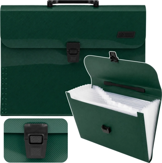 Archivador acordeón para documentos A4 con asa, 13 compartimentos, verde - 1 pieza