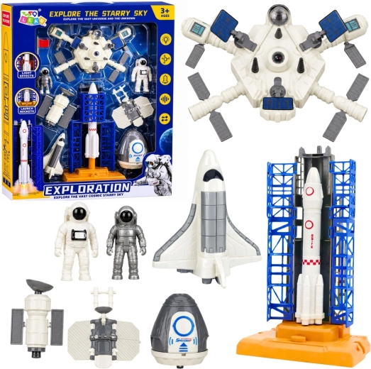 Set espacial Exploration: cohete, transbordador, estación, satélites y astronautas con luces