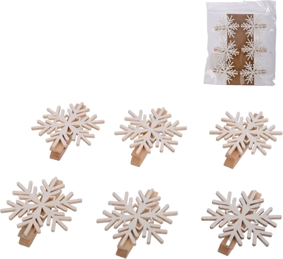 Pinzas decorativas de madera con copo de nieve blanco, 6 uds