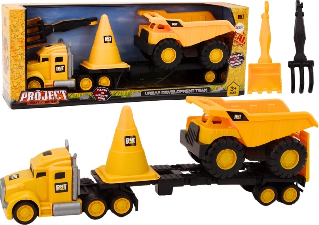 Set de construcción: camión tractor amarillo con remolque y volquete para niños