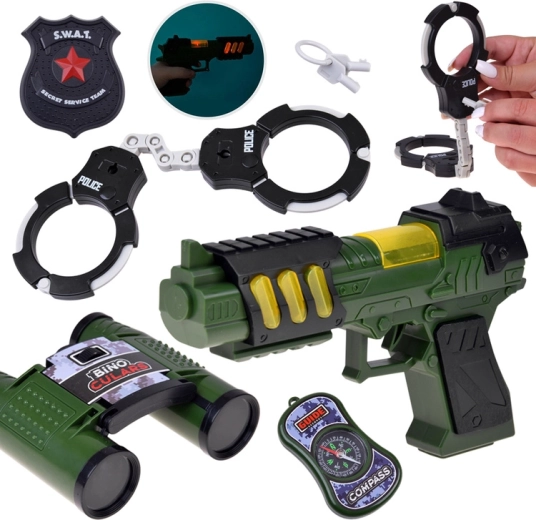 Set de pequeño policía SWAT con pistola con luz y sonido, prismáticos y esposas