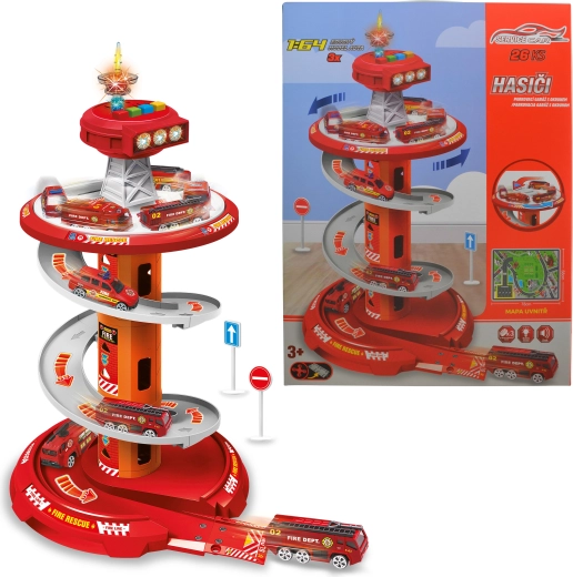Garaje de aparcamiento con circuito – set de 26 piezas para niños