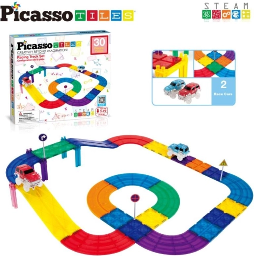 PicassoTiles construcción magnética pista de carreras con cochecitos (30 piezas)