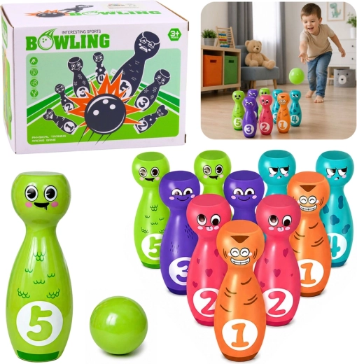Boliche infantil con caras – set educativo de 10 bolos y 2 bolas