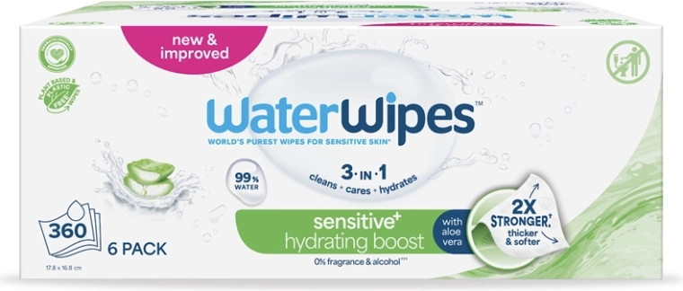 WaterWipes toallitas húmedas hidratantes con aloe vera 3 en 1 6×60 uds (360 uds)