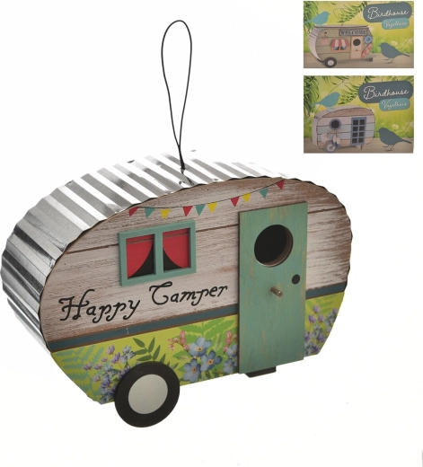 Casita para pájaros de madera con forma de caravana (3 variantes)