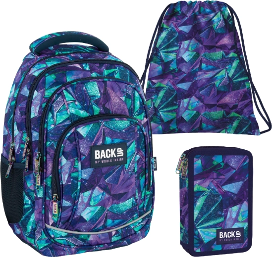 Set escolar BackUP Crystal 3 en 1: mochila, estuche equipado y bolsa