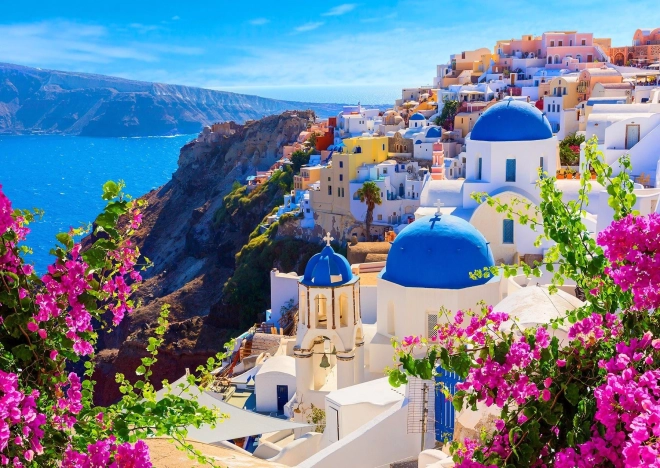 Puzle Santorini con flores, Grecia 1000 piezas